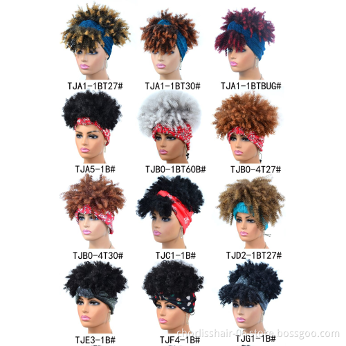 Wholesale Ombre Afro Curly Headband Kinky Curly Wig In Synthetic Hair Wigs Silk Scarf Wig Fluffy Hair For Afro black Women